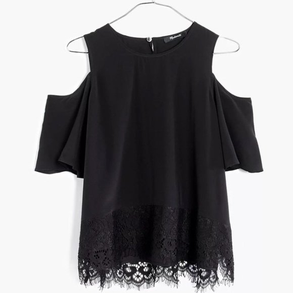 Madewell 100% silk cold shoulder top with lace trim - Picture 1 of 8